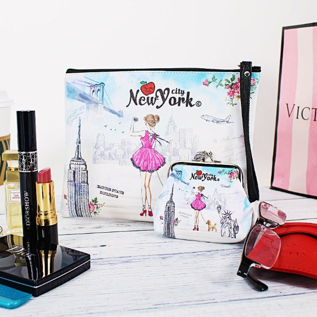 Picturesque Daytime "NEW YORK" Pebbled Leather Pouch Clutch w/ Wrist-strap | New York Handbag | NYC Purse (8x6.5in)