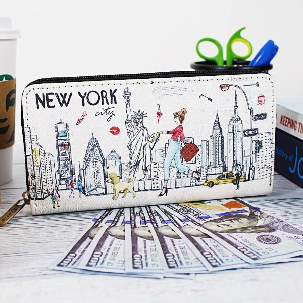 Skyline Walk "NEW YORK" Pebbled Leather Zipped Multi-Pocket NYC Wallet w/ Wrist-strap | NY Wallet