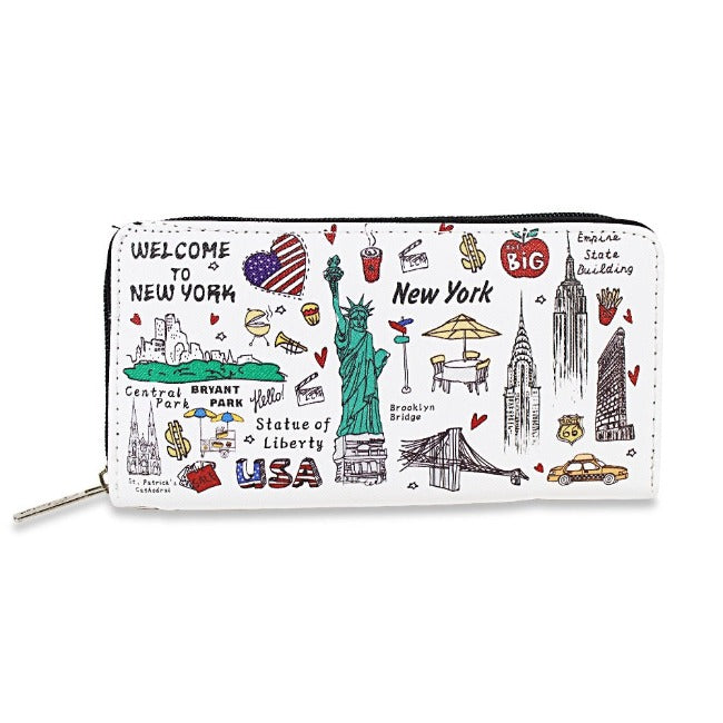 Staple Themes "NEW YORK" Pebbled Leather Zipped Multi-Pocket Wallet w/ Wrist-strap | NY Purse | NYC Wallet