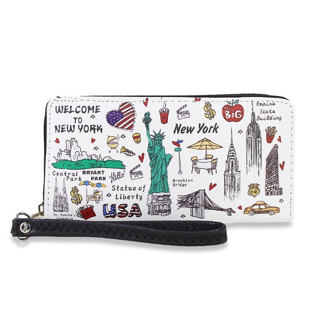 Staple Themes "NEW YORK" Pebbled Leather Zipped Multi-Pocket Wallet w/ Wrist-strap | NY Purse | NYC Wallet