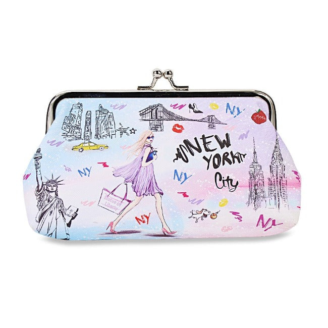 Sunset "NEW YORK" Skyline Pebbled Leather Pouch Clutch w/ Kisslock | NYC Wallet | Kisslock Wallet (7x4in)