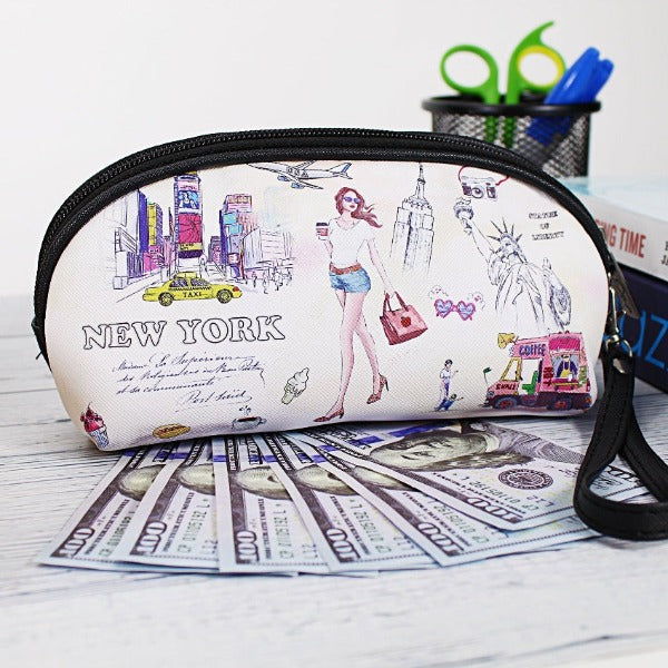 Chic Times Square "NEW YORK" Pebbled Leather Pouch Clutch w/ Wrist-strap | NY Purse | NYC Wallet (7x3.5in)