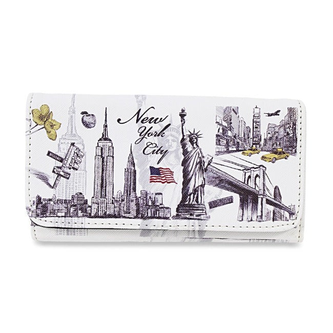 Statue of Liberty "NEW YORK CITY" Skyline Pebbled Leather Multi-Pocket Fold Over NYC Wallet | NY Purse (6x3.5in)