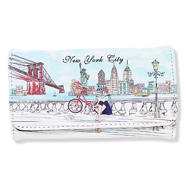 Pier "NEW YORK CITY" Skyline Pebbled Leather Multi-Pocket Fold Over NYC Wallet | NY Purse (6x3.5in)