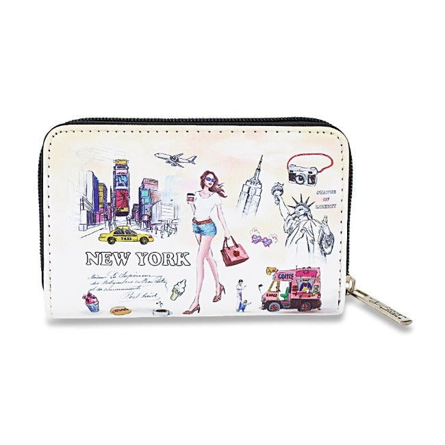 Chic Time Square "NEW YORK" Pebbled Leather Zipped Multi-Pocket Wallet w/ Wrist-strap | NY Purse | NYC Wallet (5.5x3.5in)