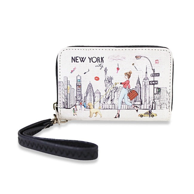 Walk In "NEW YORK" Skyline Pebbled Leather Zipped Multi-Pocket Wallet w/ Wrist-strap | NY Purse | NYC Wallet (5.5x3.5in)