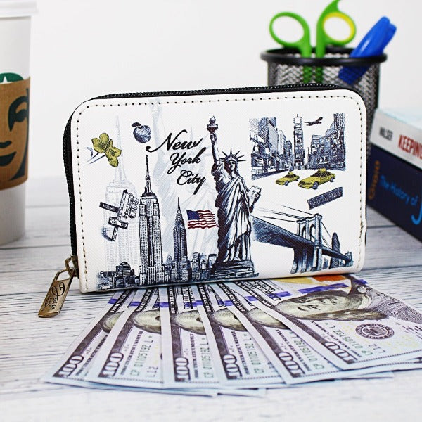 Statue of Liberty "NEW YORK CITY" Skyline Pebbled Leather Zipped Multi-Pocket Wallet w/ Wrist-strap | NY Purse | NYC Wallet (5.5x3.5in)