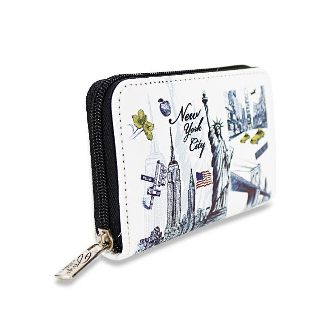 Statue of Liberty "NEW YORK CITY" Skyline Pebbled Leather Zipped Multi-Pocket Wallet w/ Wrist-strap | NY Purse | NYC Wallet (5.5x3.5in)