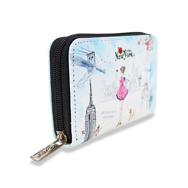 Picturesque Daytime "NEW YORK" Pebbled Leather Zipped Multi-Pocket NYC Wallet w/ Wrist-strap | NY Wallet | NY Purse (5.5x3.5in)