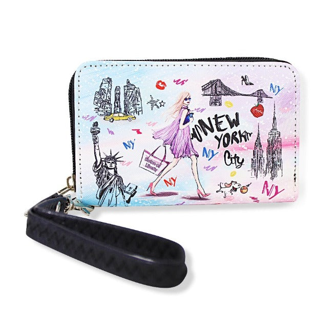 Sunset "NEW YORK" Pebbled Leather Zipped Multi-Pocket NYC Wallet w/ Wrist-strap | NY Purse (5.5x3.5in)