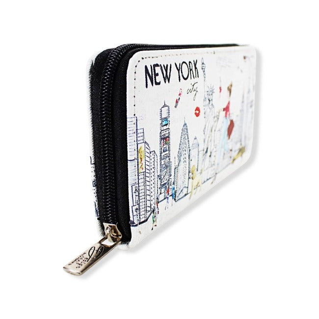 Skyline Walk "NEW YORK" Pebbled Leather Zipped Multi-Pocket NYC Wallet w/ Wrist-strap | NY Wallet