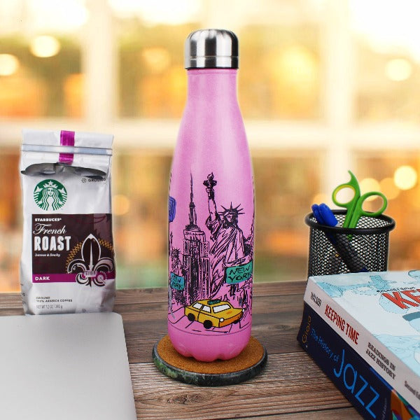 20oz Custom Sketch Mural "NEW YORK" Hot & Cold Beverage Thermos | New York Souvenir Water Bottle