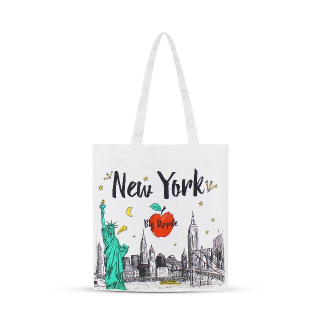 Long Handle"Big Apple" NYC Skyline Canvas New York Totebag | New York Handbag (17x14in)