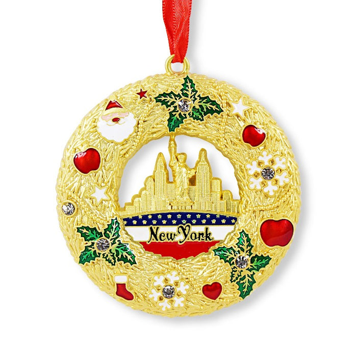 New York Skyline Gold Wreath Christmas Ornament (3x3in)