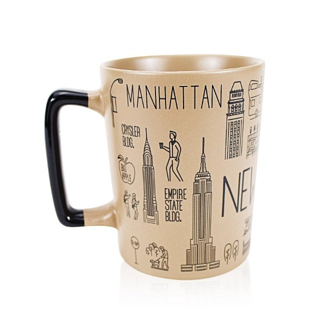 15oz Tan Icons of New York Tall Mug | New York City Souvenir | NYC Souvenir Travel Gift