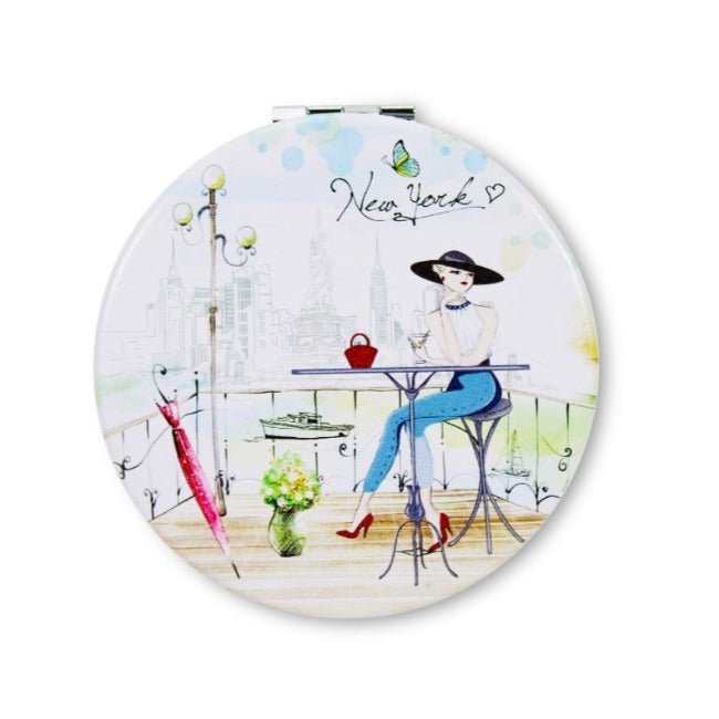 Chic Tea-Time "New York" Compact Portable Makeup Mirror (3x3in)