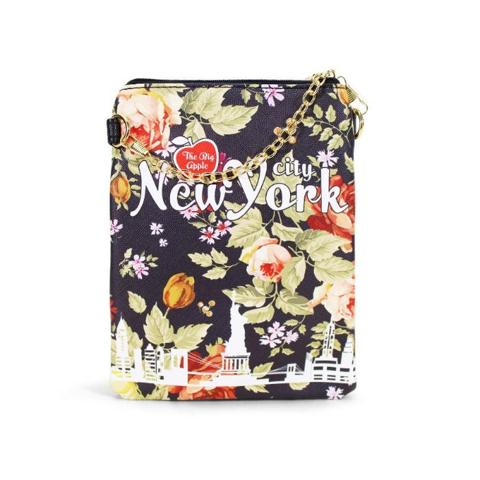 Pebbled Leather Chain Sling "New York" Floral Crossbody Bag | NYC Souvenir Bag