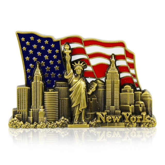 Patriotic Gold "NEW YORK" Skyline Metal Fridge Magnet