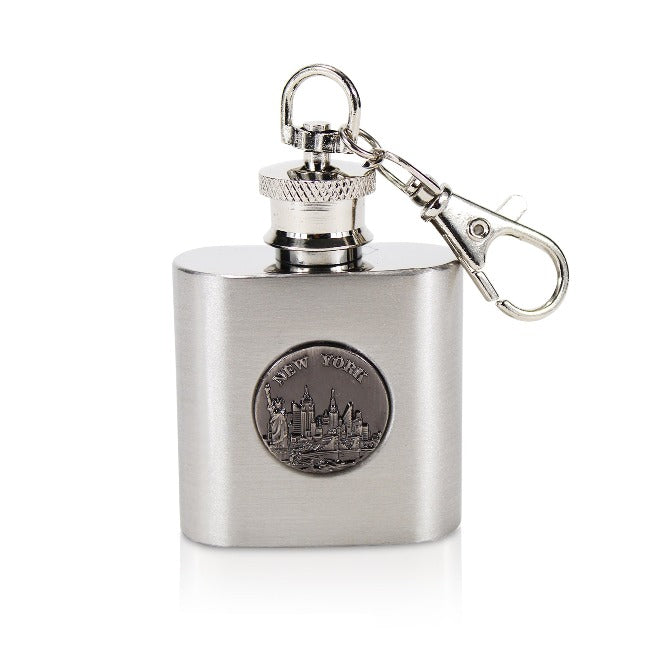 Silver Metal "New York" Skyline Plated Keychain Whiskey Beverage Flask | NY Souvenir
