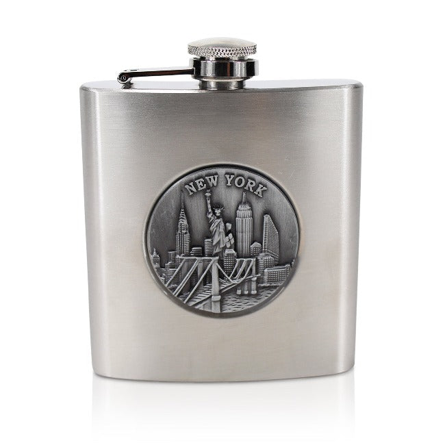 Silver Metal "New York" Skyline Plated Whiskey Beverage Flask | NY Souvenir