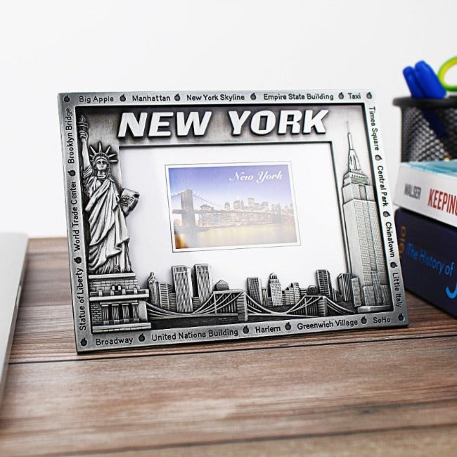 Rectangular Silver Metal "NEW YORK" Skyline NYC Picture Frame | New York City Souvenir | NYC Souvenir Travel Gift