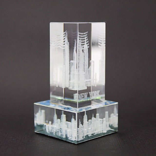 3D Multi-Level "NEW YORK" Laser Etched Skyline Crystal W/ Cityscape Base (1x2in) | New York City Souvenir | NYC Souvenir Travel Gift