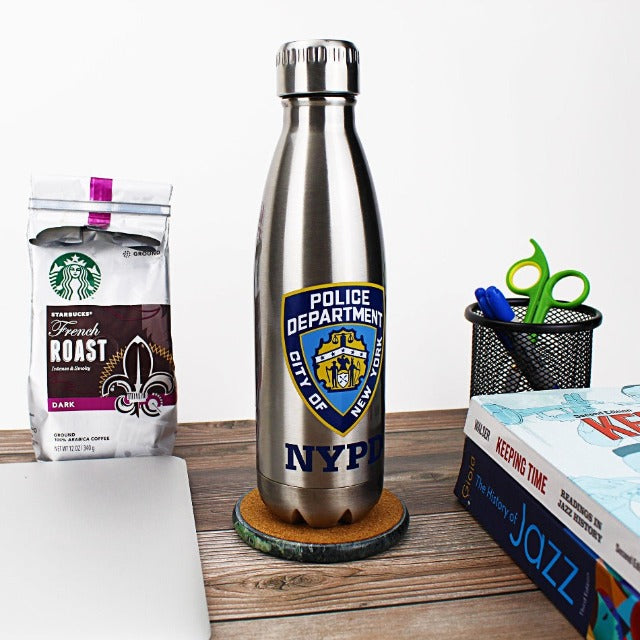 20oz Stainless Steel "NYPD" Brushed Silver Beverage Bottle | New York City Souvenir