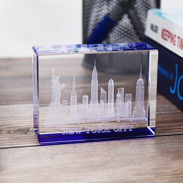 3D Blue Base Manhattan "NEW YORK CITY" Skyline Laser Etched Wide Crystal (3x2.5in) | New York City Souvenir | NYC Souvenir Travel Gift