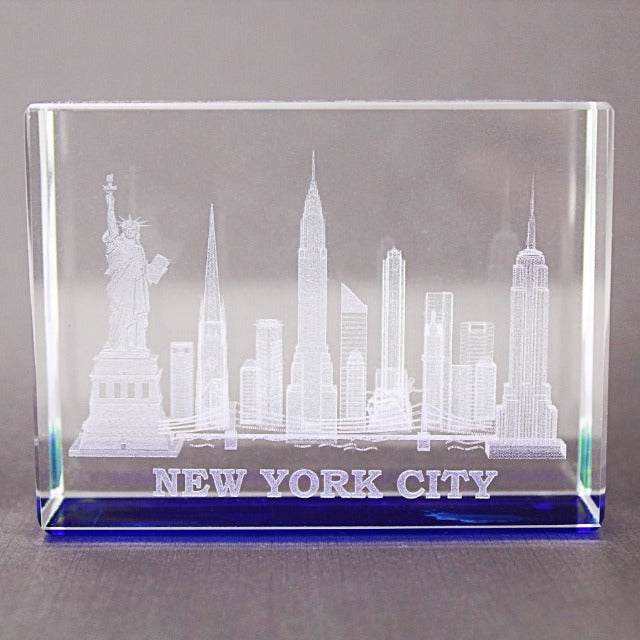 3D Blue Base Manhattan "NEW YORK CITY" Skyline Laser Etched Wide Crystal (3x2.5in) | New York City Souvenir | NYC Souvenir Travel Gift