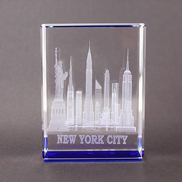 3D Base Color Manhattan "NEW YORK CITY" Skyline Laser Etched Crystal Sculpture (2 colors)