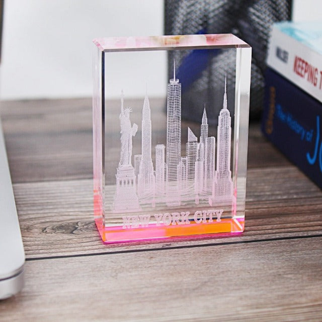 3D Base Color Manhattan "NEW YORK CITY" Skyline Laser Etched Crystal Sculpture (2 colors)