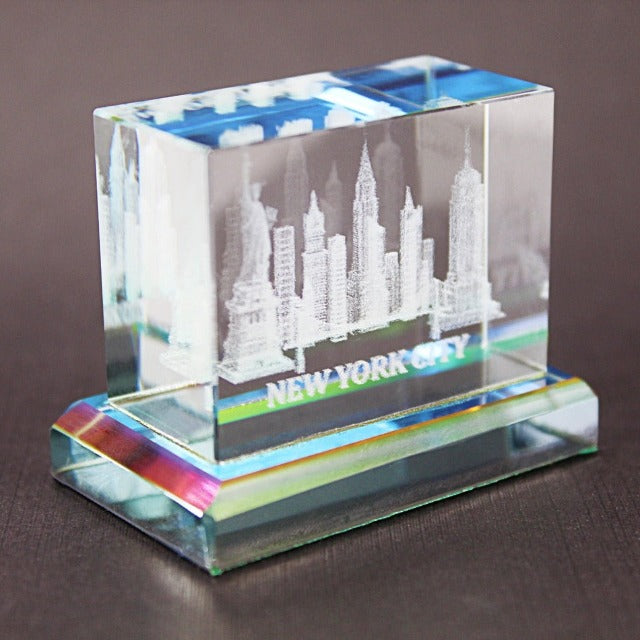 3D Manhattan "NEW YORK CITY" Skyline Laser Etched Crystal W/ Base (2x1.5in) | New York Sculpture Model
