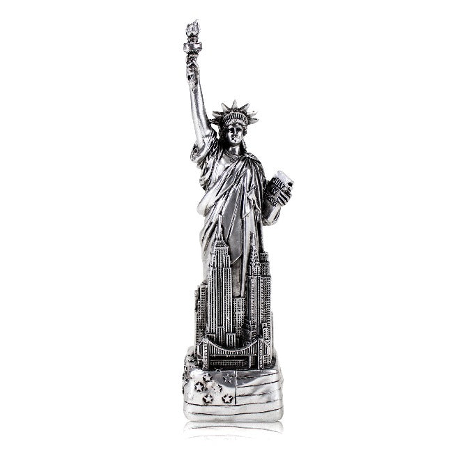 4in Silver NYC Patriotic Mini Statue of Liberty Replica Statue w/ Skyline