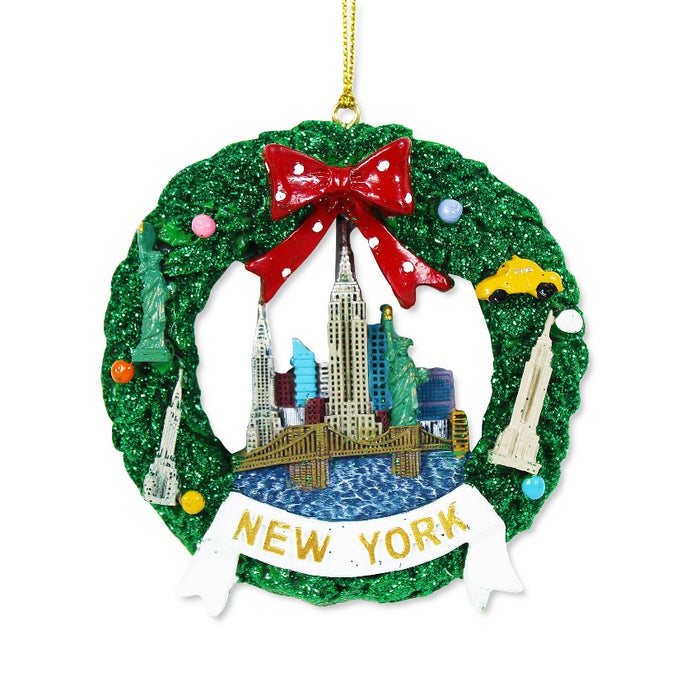 Holiday Wreath "NEW YORK" Monuments Christmas Ornament (3x3in)