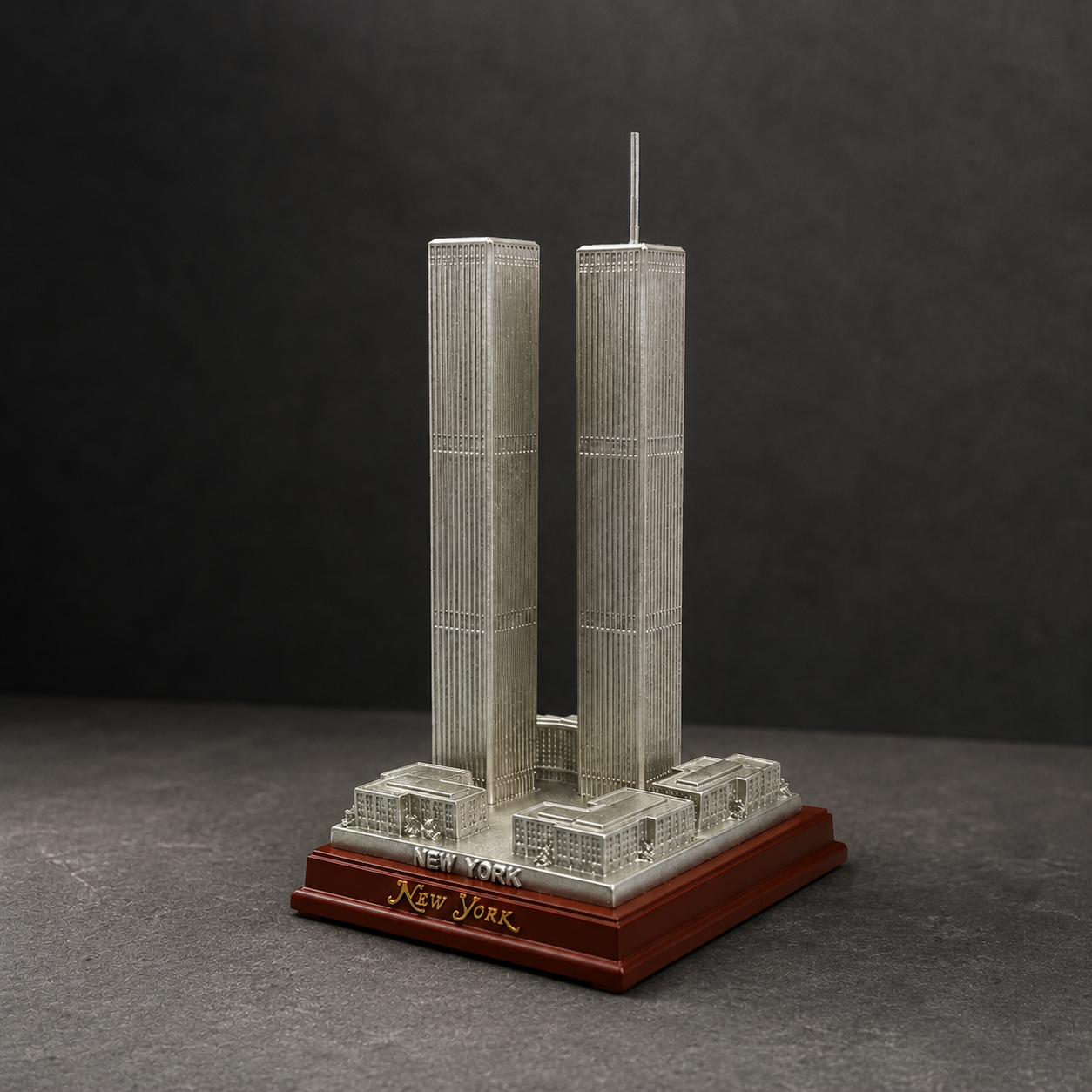 7-inch Twin Towers architectural model in a dark editorial setting