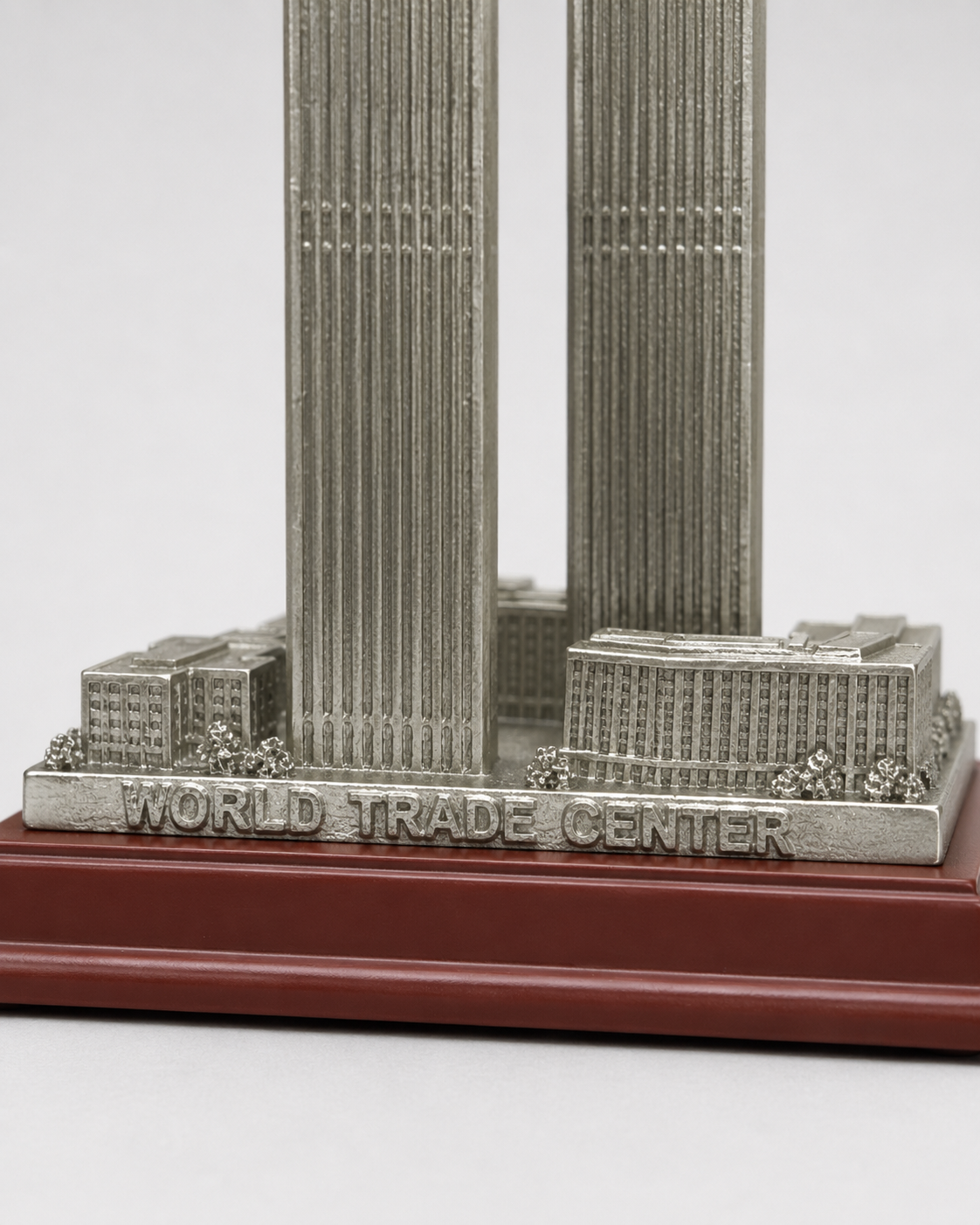 7" Signature Scale Twin Towers model base view showing WORLD TRADE CENTER wording