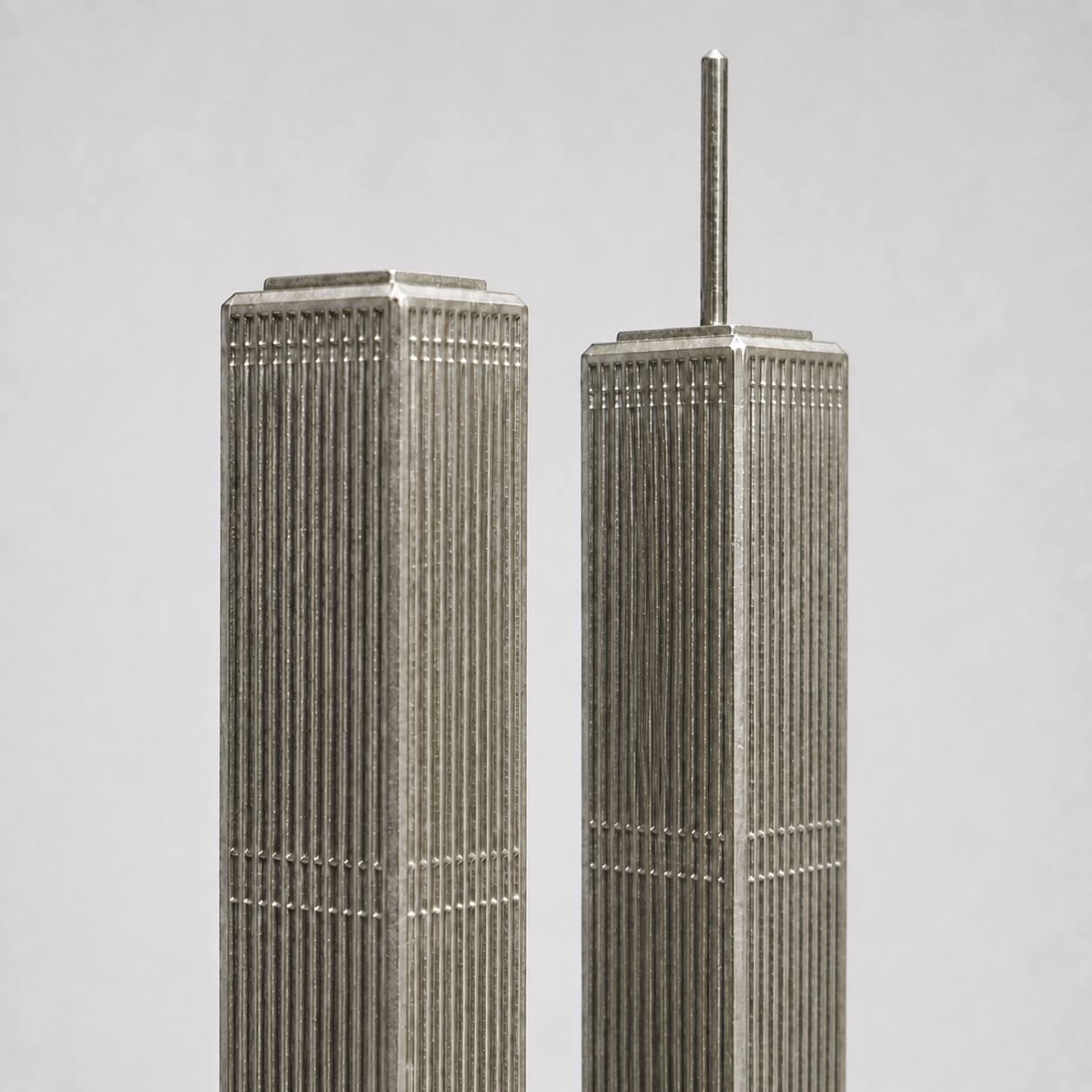 7" Signature Scale Twin Towers model view showing silver-colored tower grids and architectural form