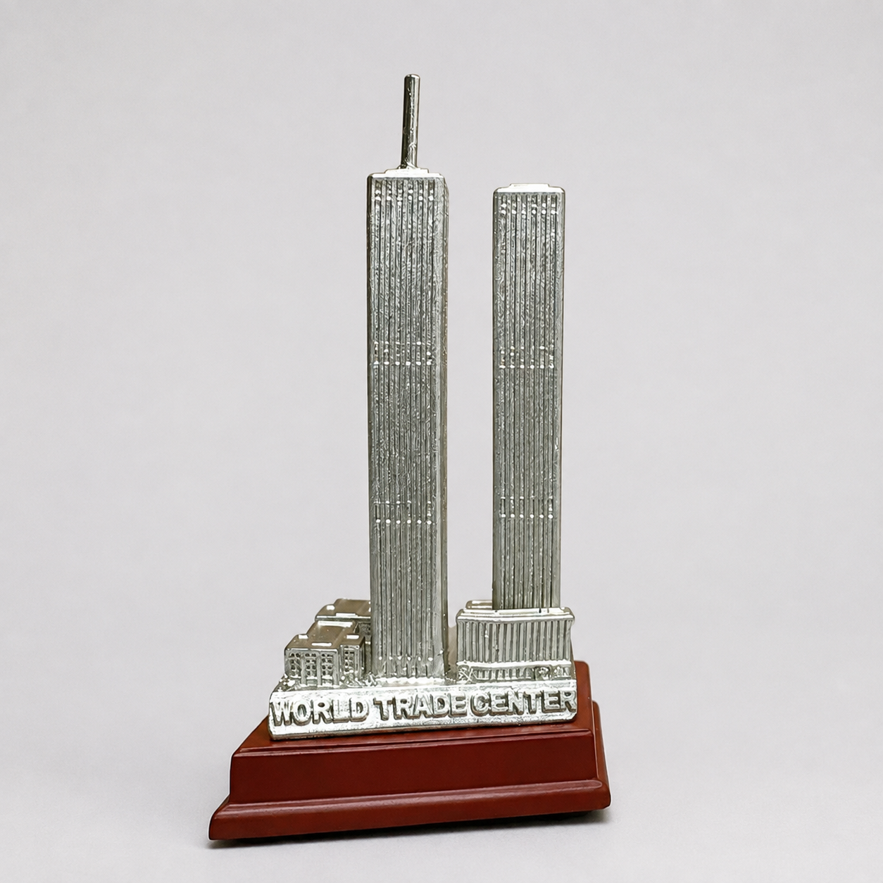 Twin Towers architectural model, 4" Desk Scale, rear base wording view