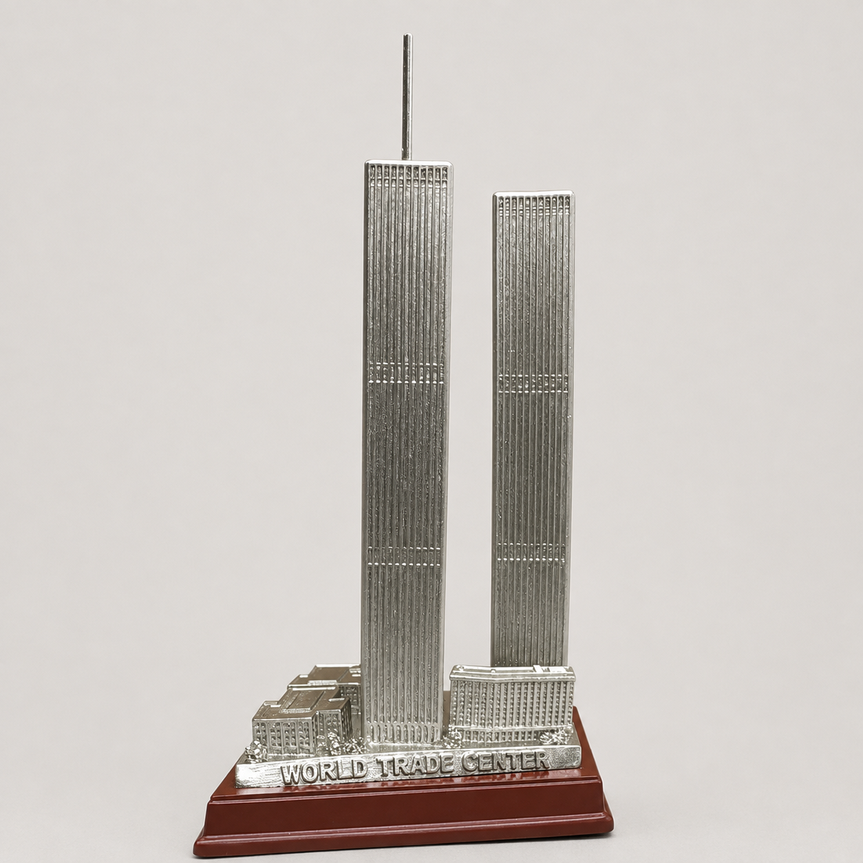 Twin Towers architectural model, 7" Signature Scale, rear base wording view