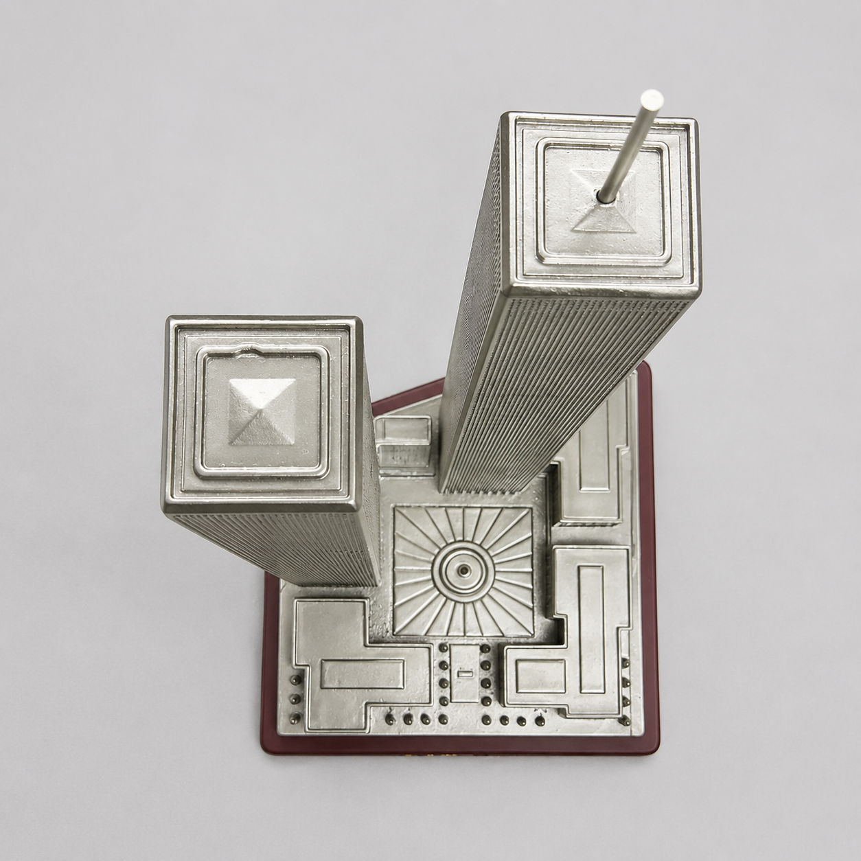 12" Collector Scale Twin Towers model elevated top view showing architectural geometry
